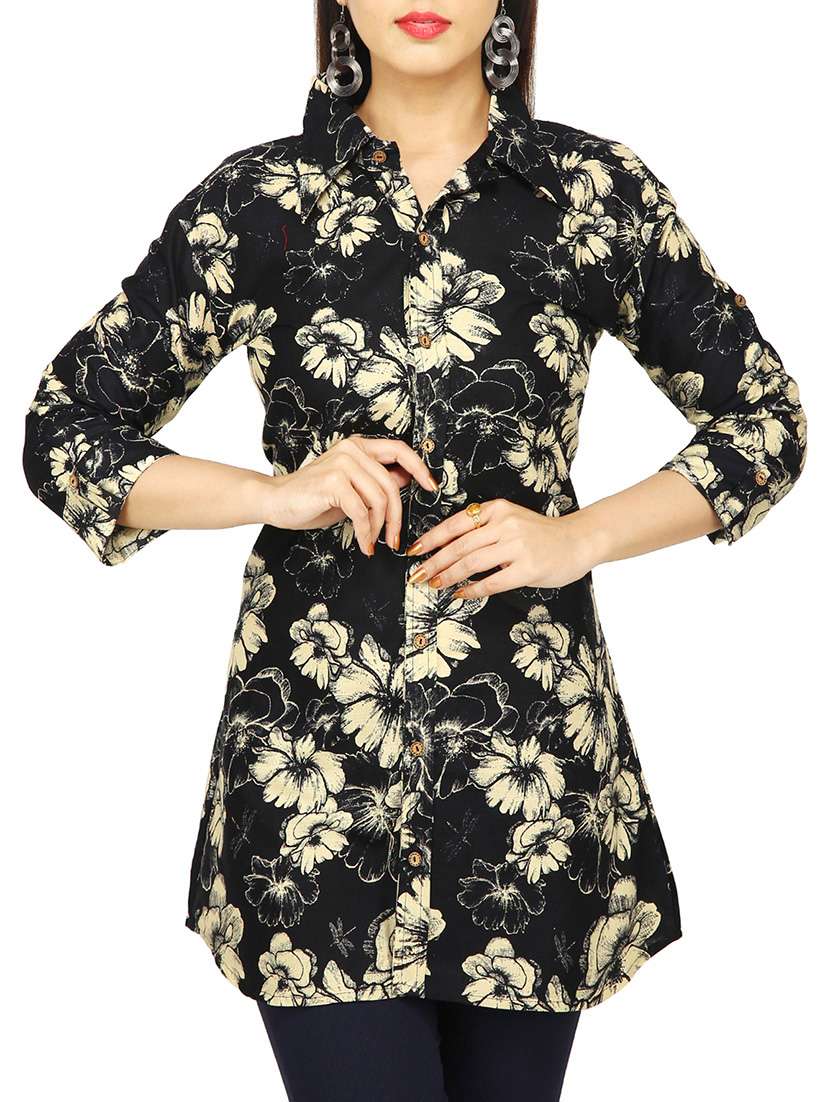 black floral printed cotton regular shirt