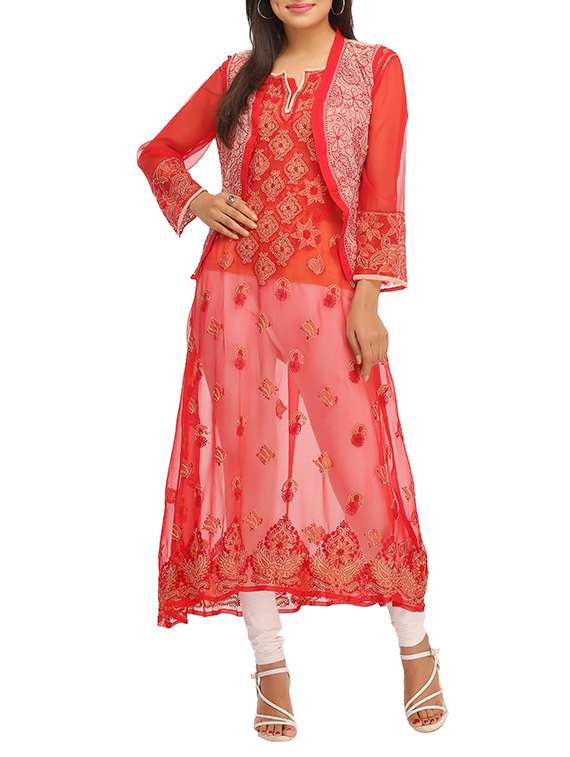 Red georgette chikankari embroidered kurta