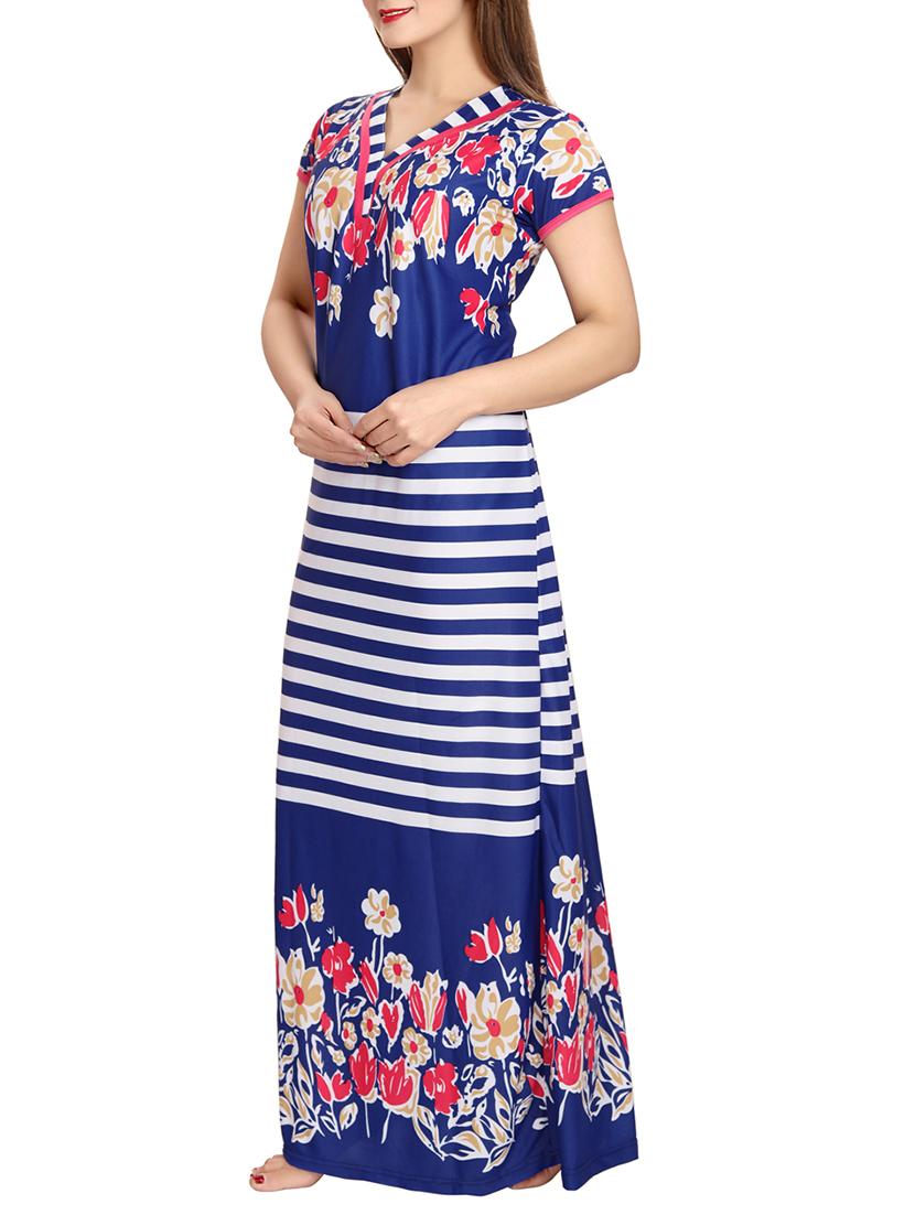 dark blue floral printed satin gown - 12427878 - Standard Image - 1