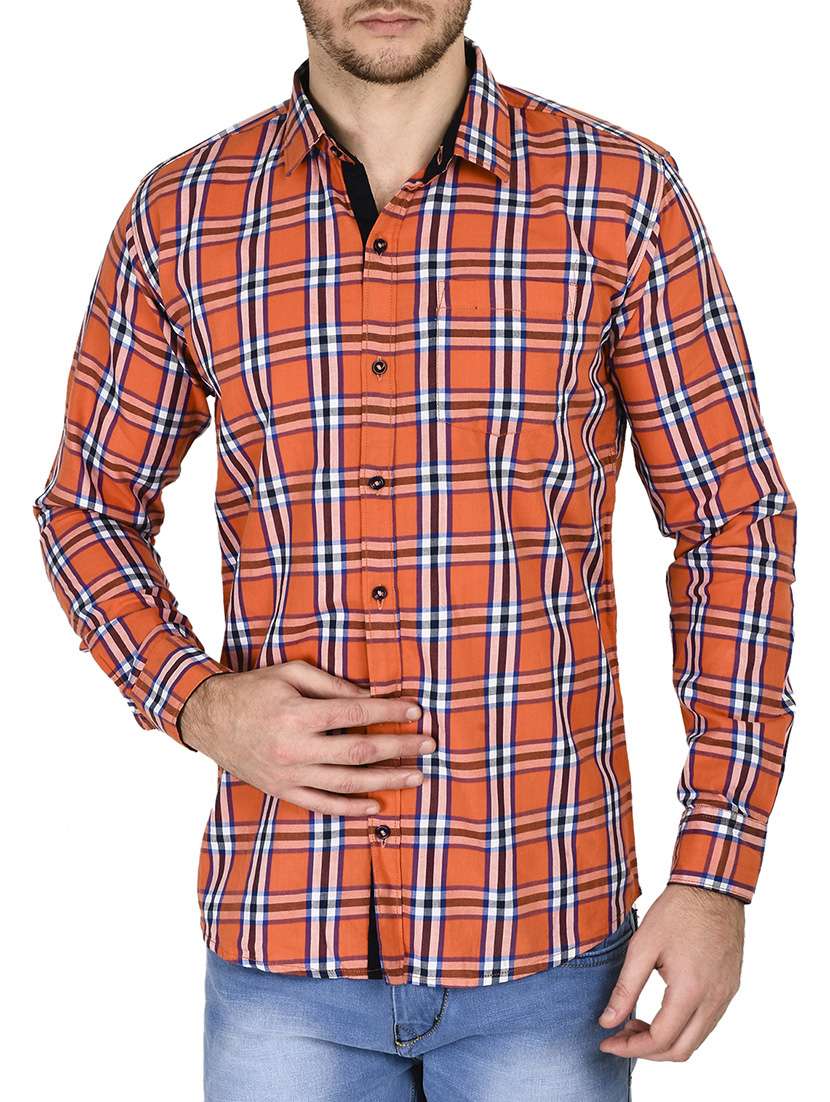orange check cotton casual shirt