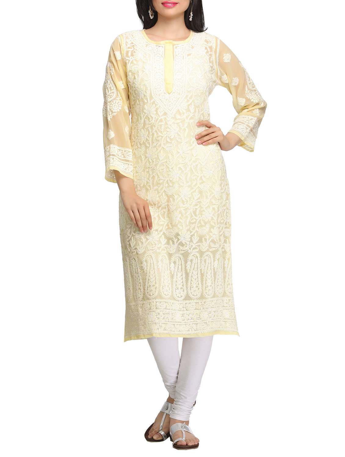 beige georgette chikankari embroidered kurta