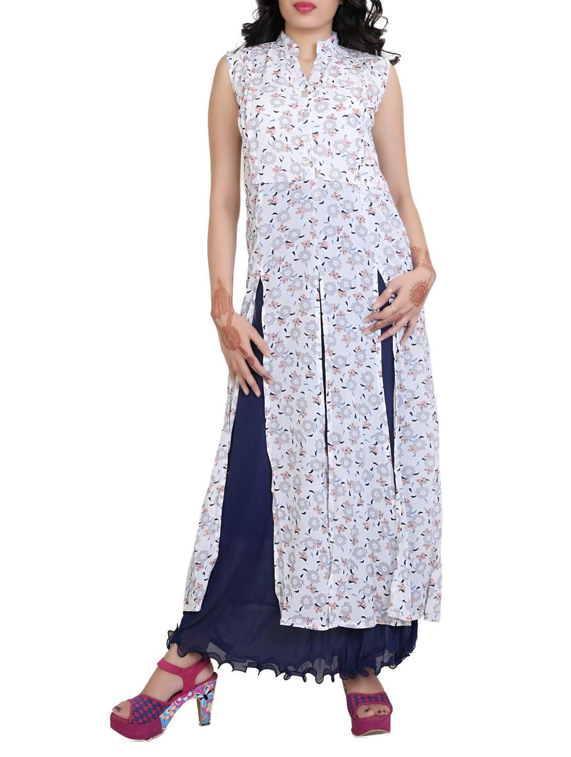 white floral printed georgette maxi dress