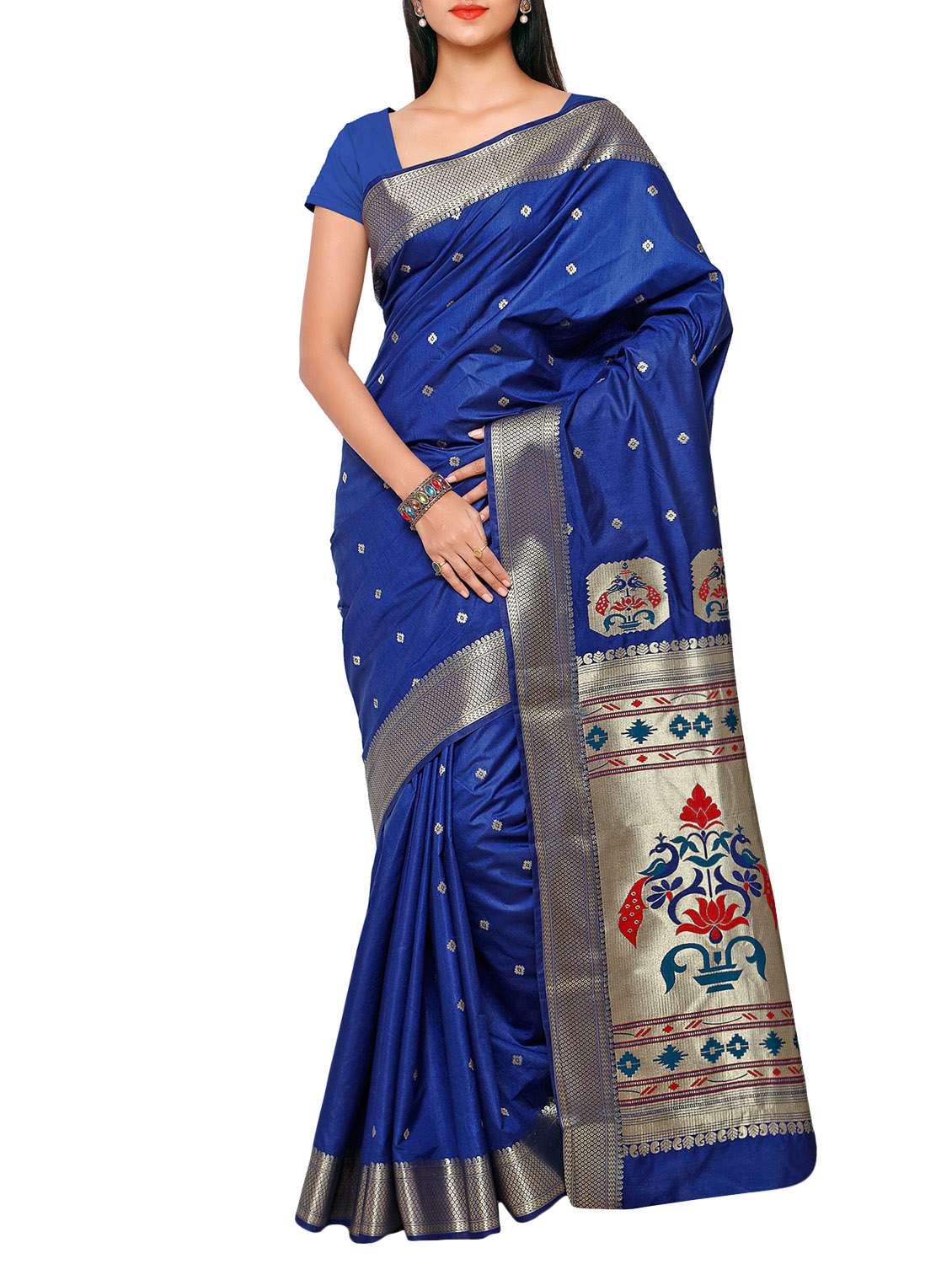 blue paithani art silk saree with blouse