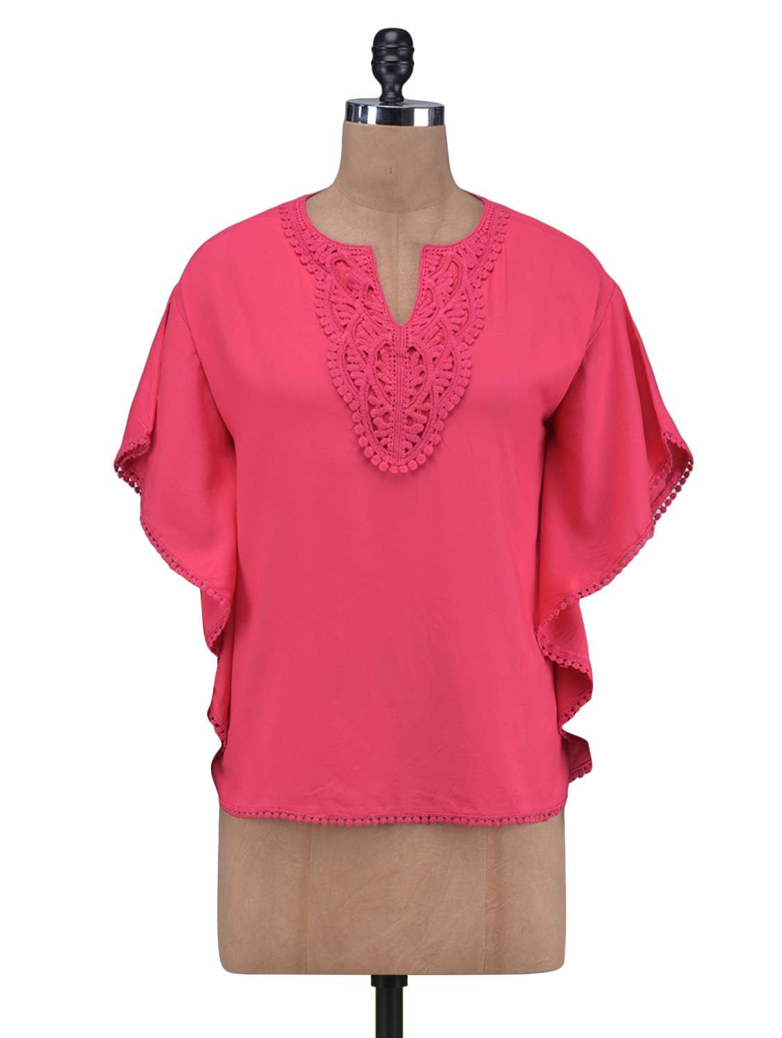 red cotton spandex plain laced kaftan top
