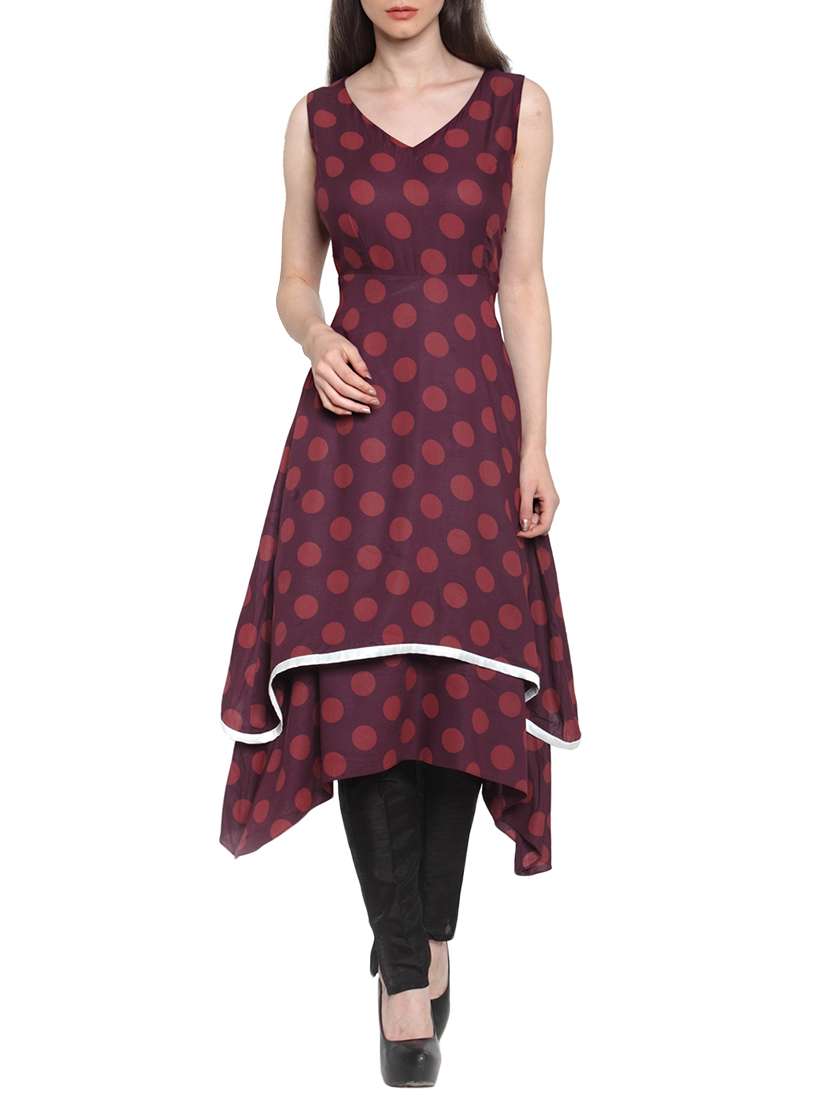 wine polka dot layered rayon kurta