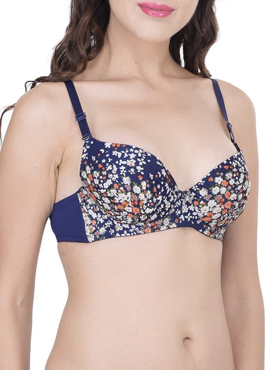 navy blue floral printed cotton regular bra - 12455891 -  Standard Image - 1