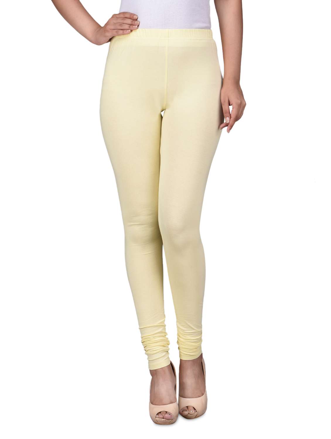 solid pale yellow cotton spandex knit leggings