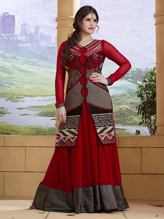 red georgette embroidered skirt suit
