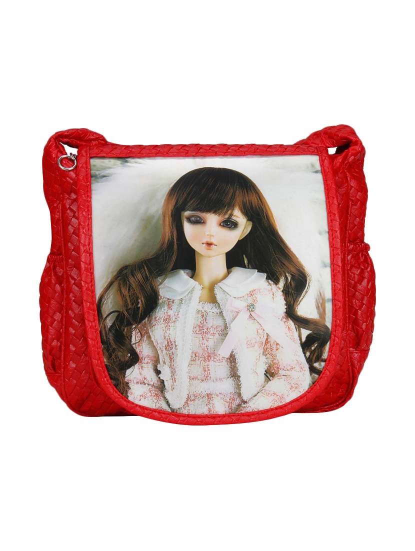 red printed synthetic leather braided sling bag