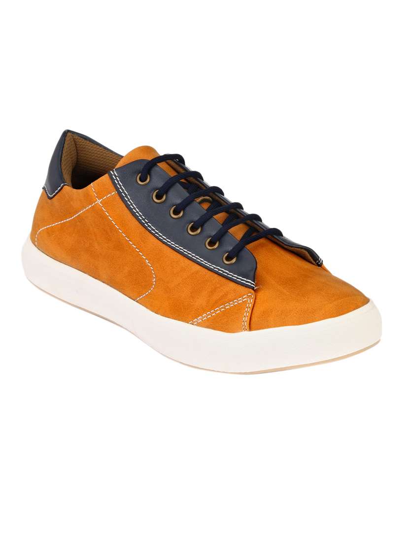 orange synthetic lace up sneakers