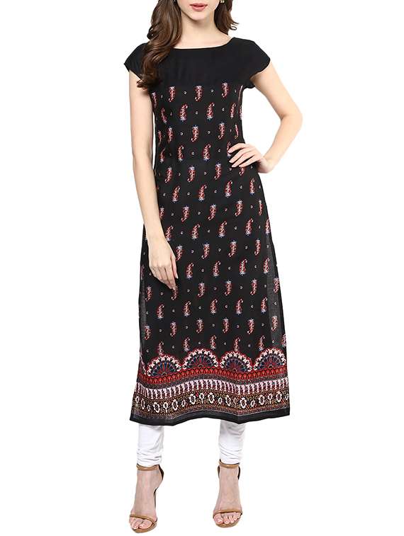 black rayon printed long kurta