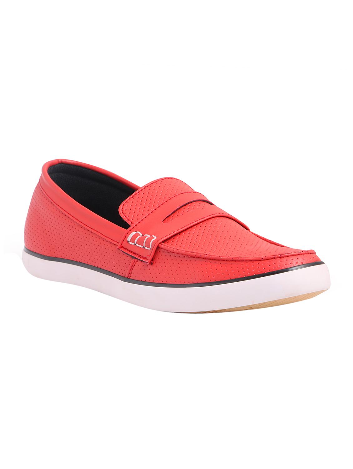 red synthetic slip on loafers