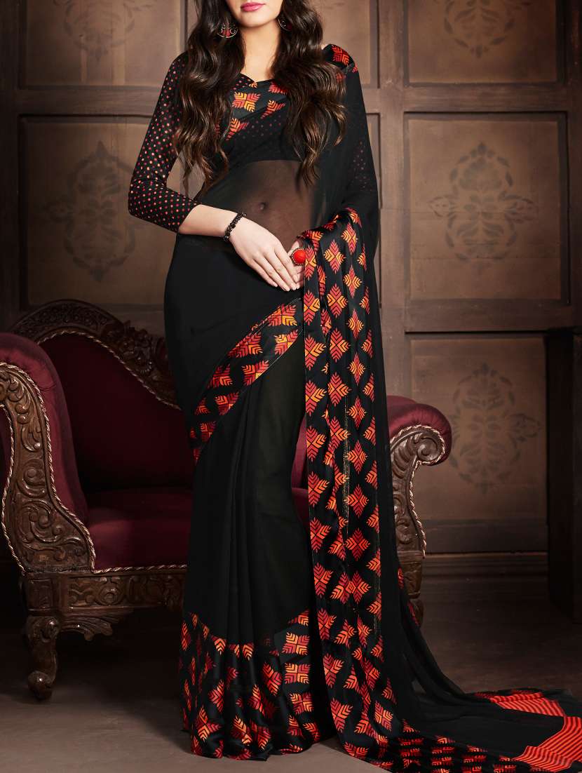 black printed bordered saree with blouse