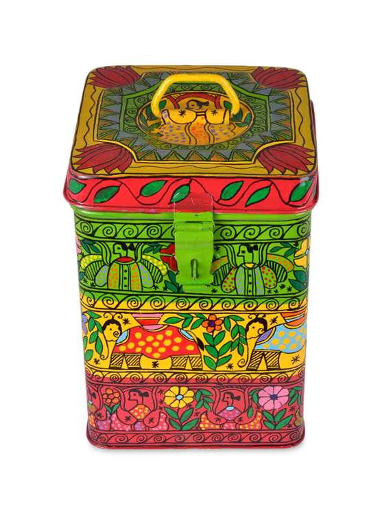 multicoloured painted stainless steel container