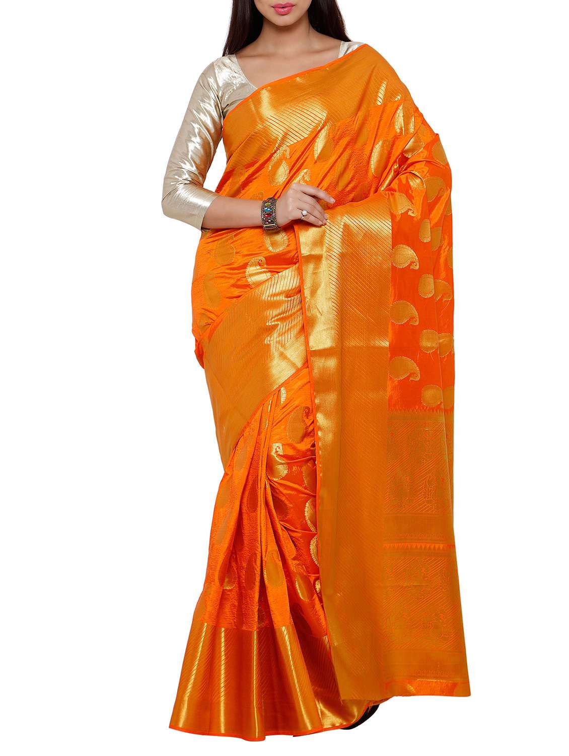 orange art silk banarasi saree with blouse