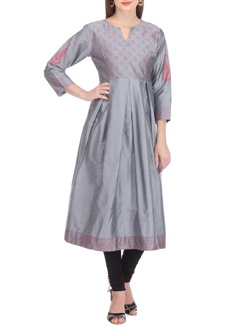 silver grey chanderi pleated block print kurta