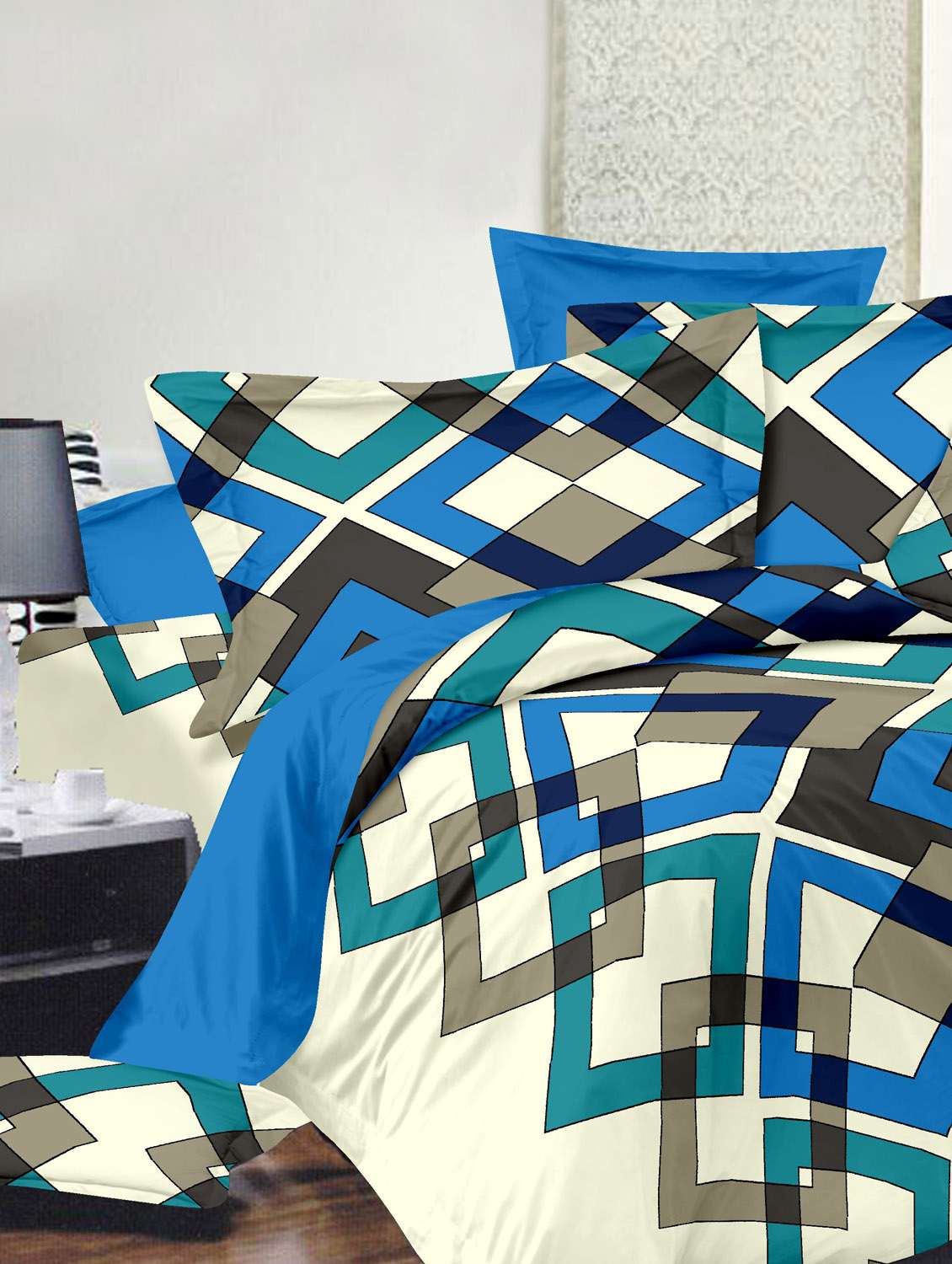 white cotton geometric print double bed sheet