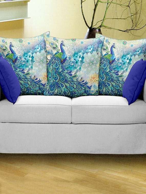 bianca set of 3 blue feather peacock print cushion covers