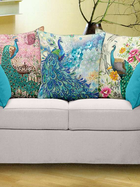 bianca blue feather peacock print cushion covers