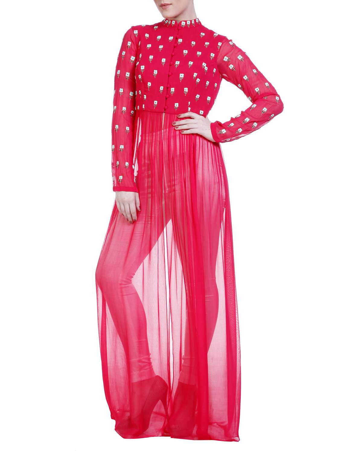 pink floral embroidered georgette high slit kurta