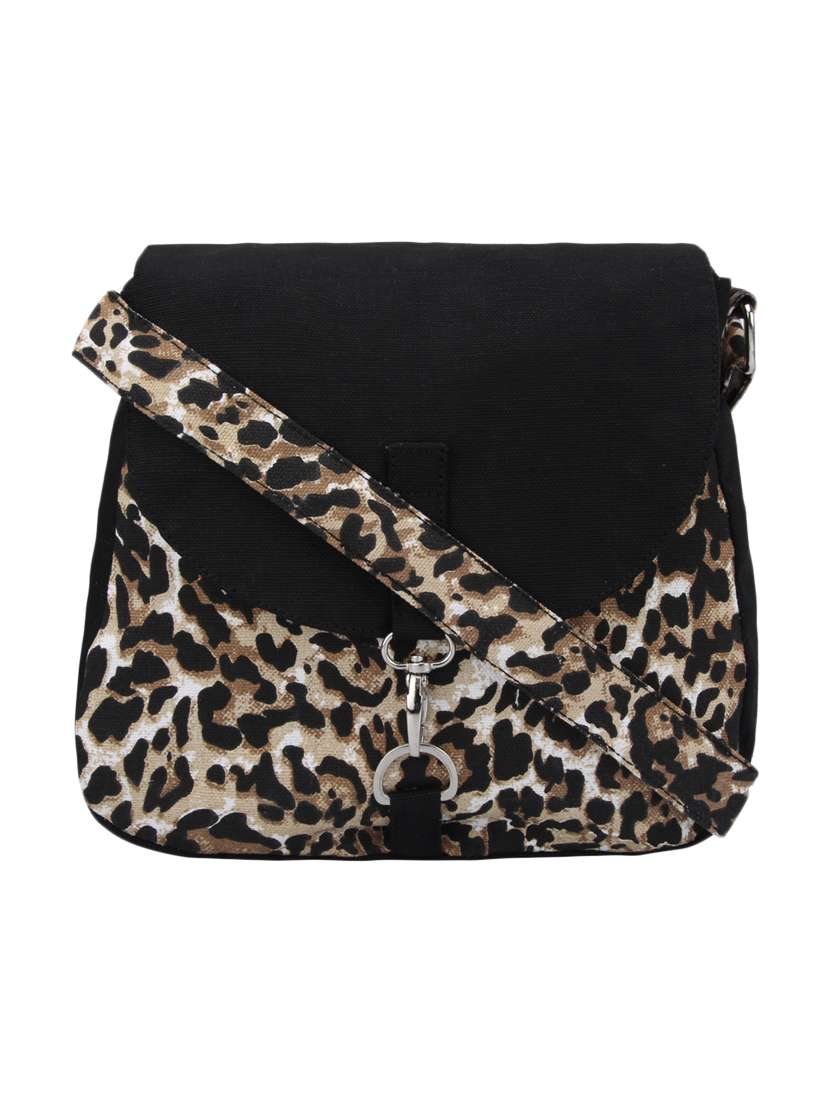 black canvas animal print sling bag