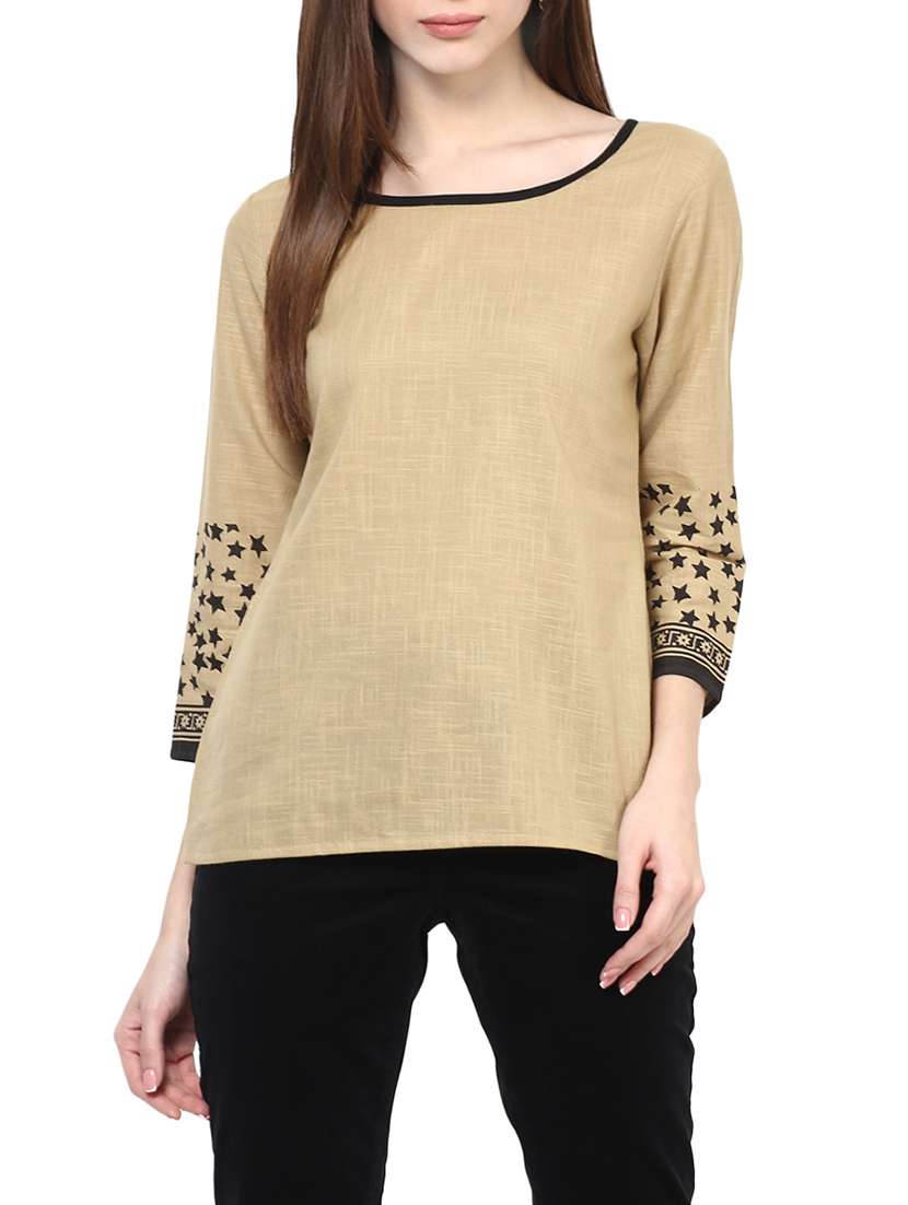 beige printed cotton regular top