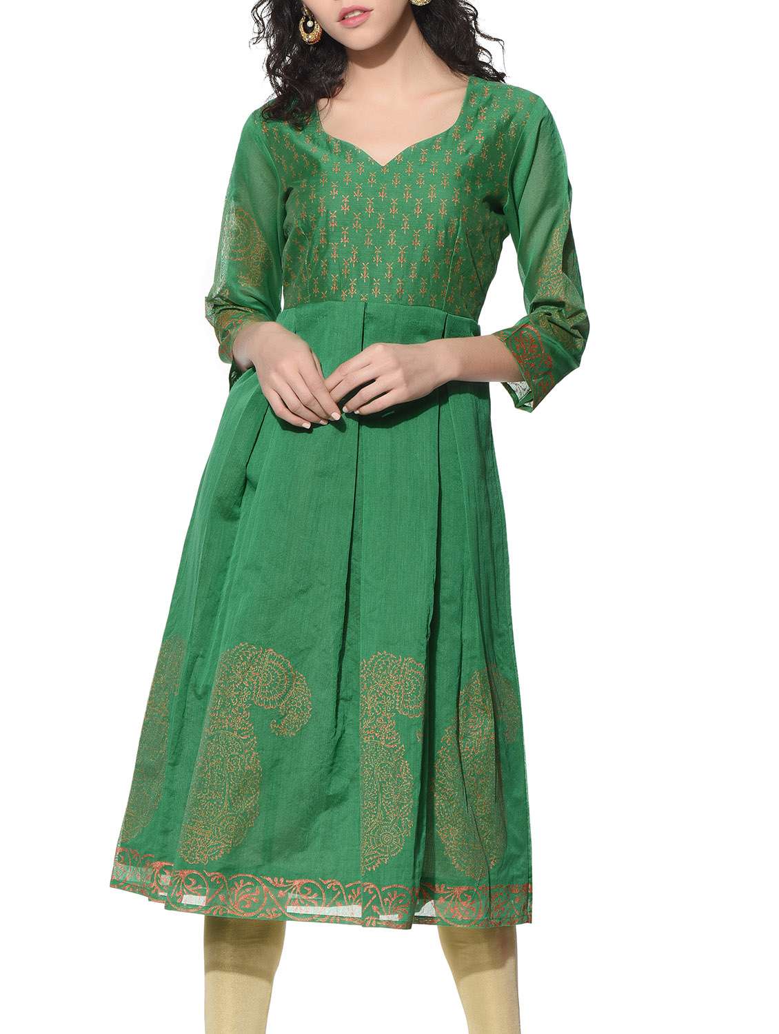 green chanderi pleated block print kurta