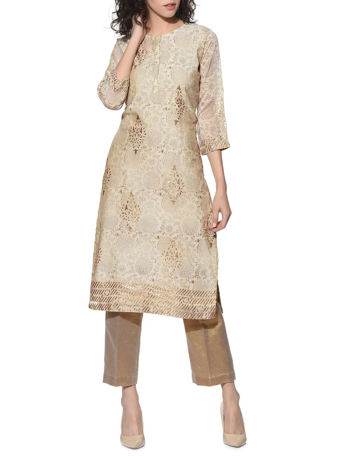 beige chanderi foil print kurta