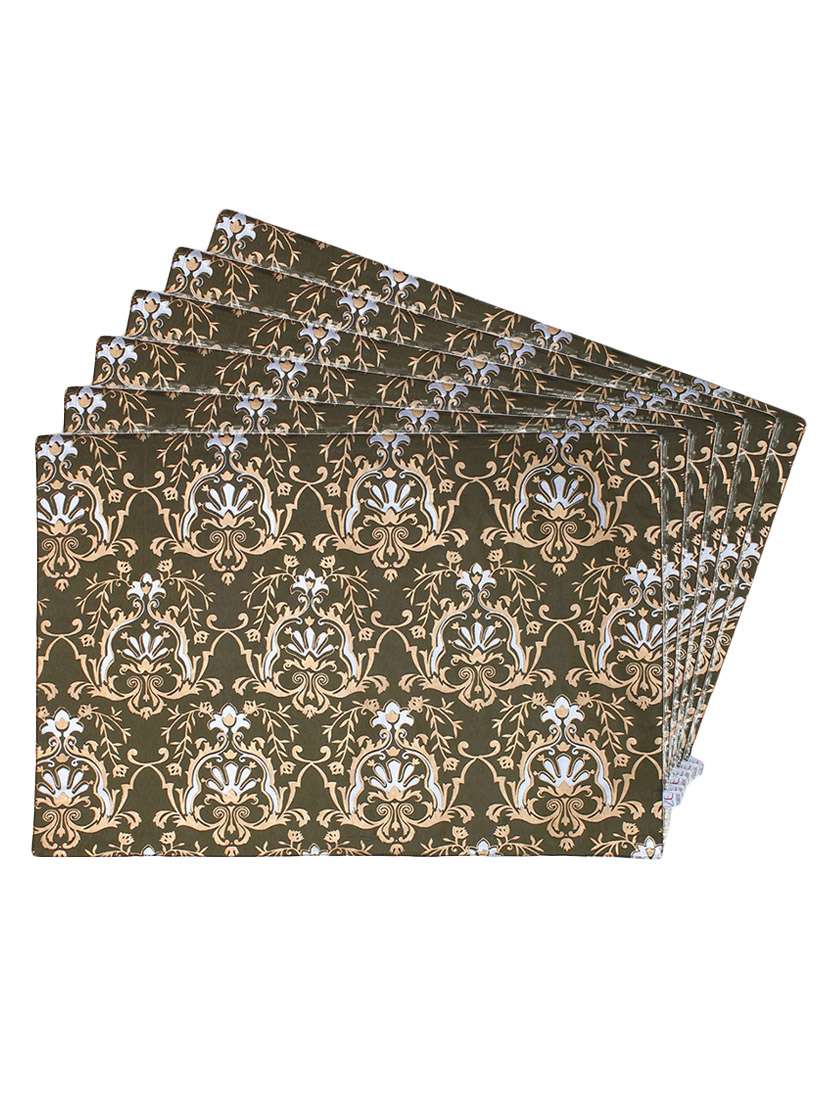 olive green printed reversible placemats for dining table - unique designs both sides - set of 6