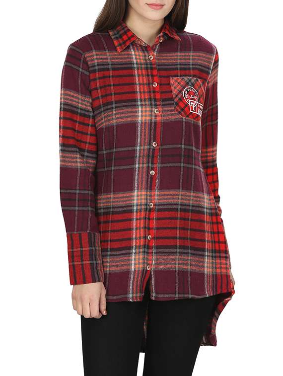 brown red checkered cotton shirt