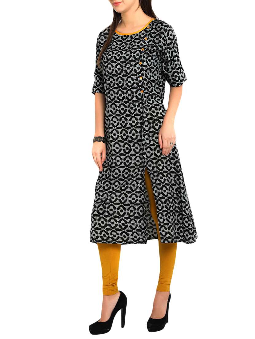 black viscose aline kurta - 12648397 -  Standard Image - 1