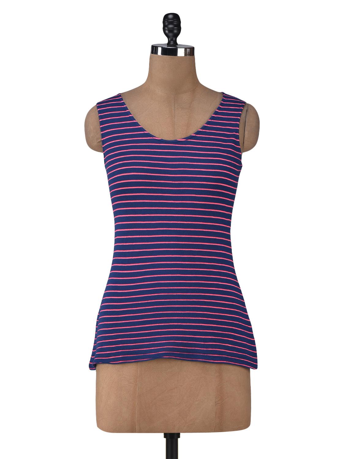 Blue Cotton Lycra Striped Tank Top - By