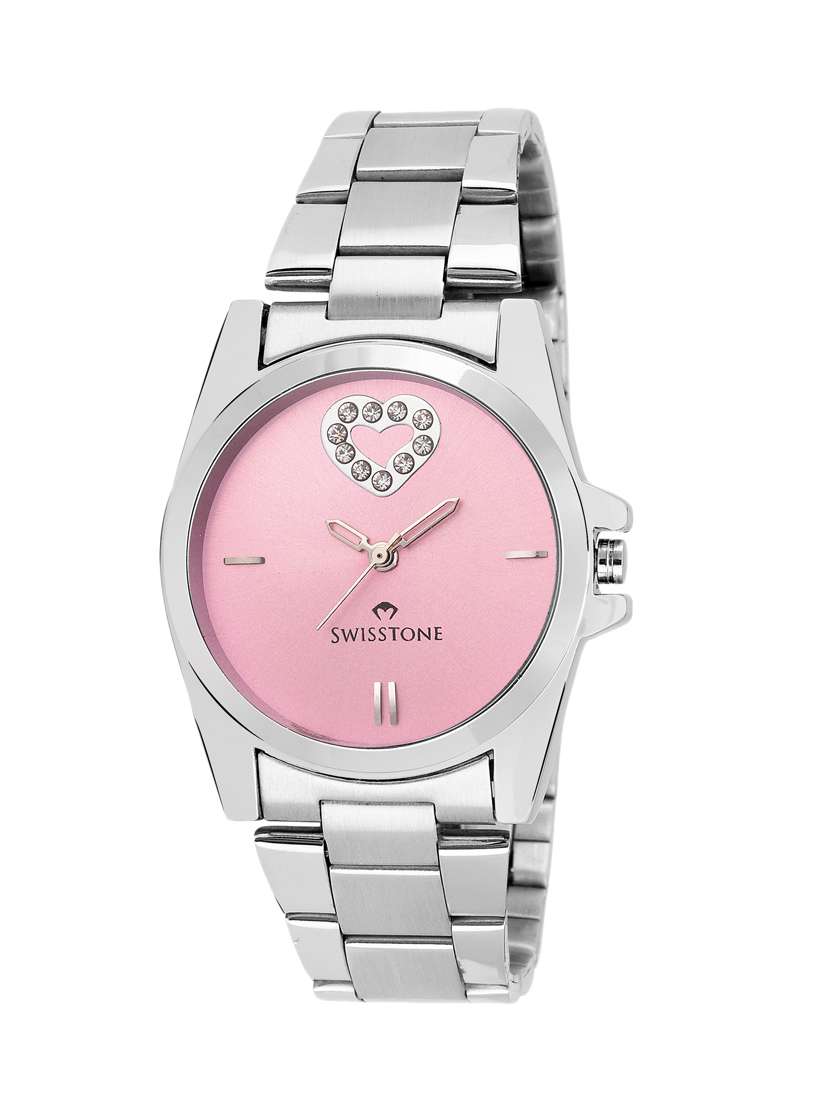 crystal studded stainless steel chain wrist watch