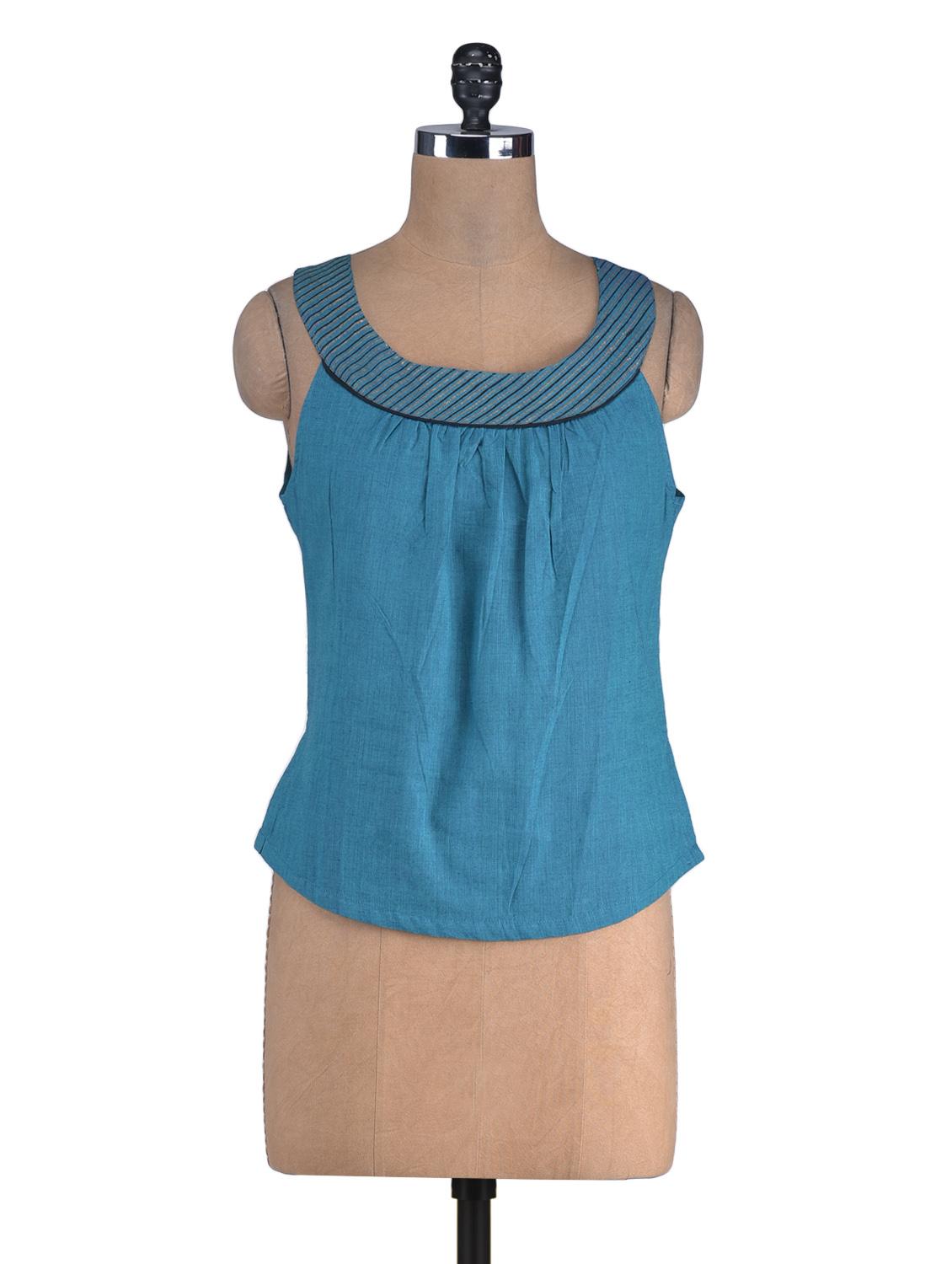 Blue Cotton Top With Printed Neckline - By