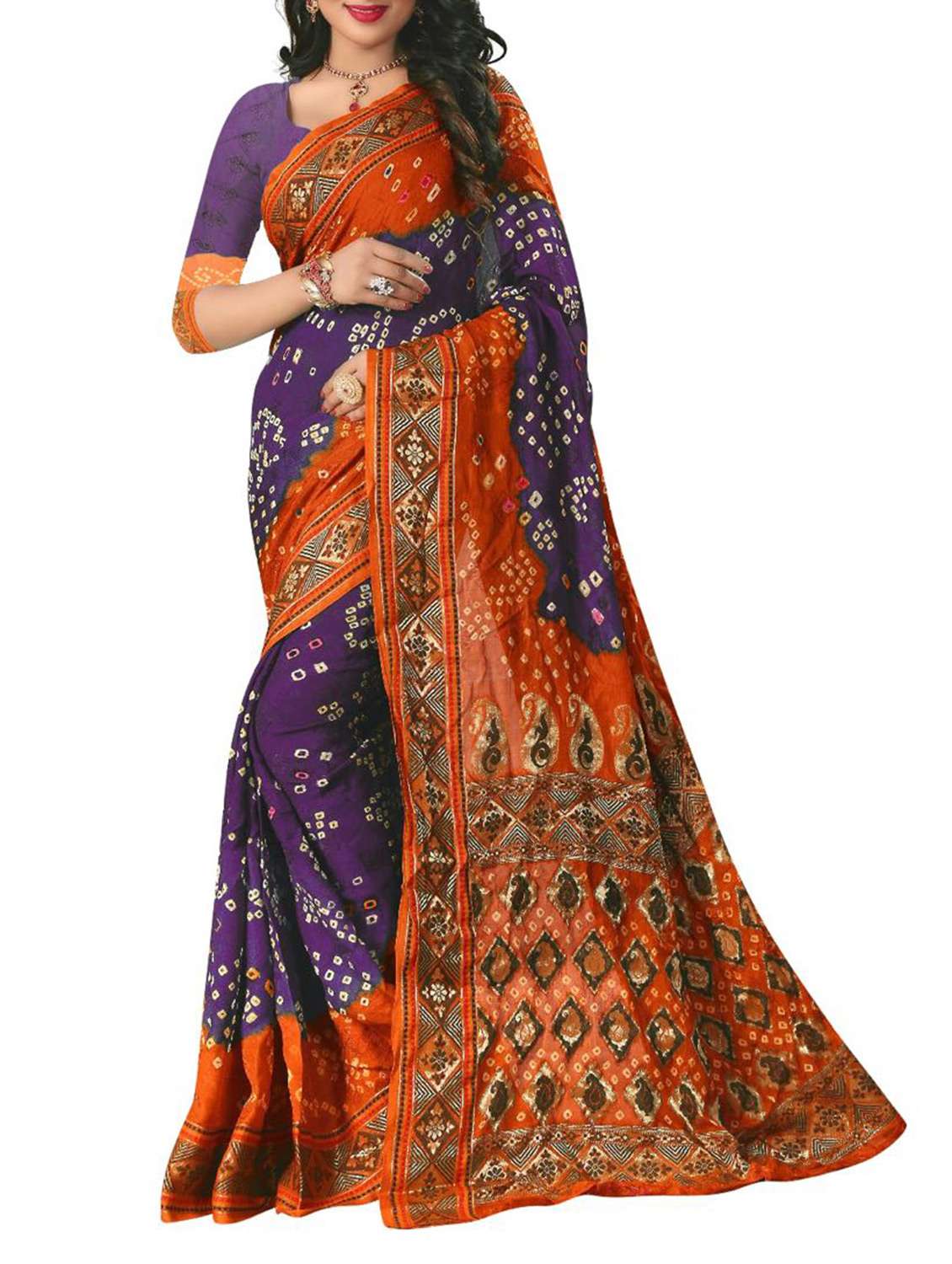 purple art silk bandhani saree with blouse