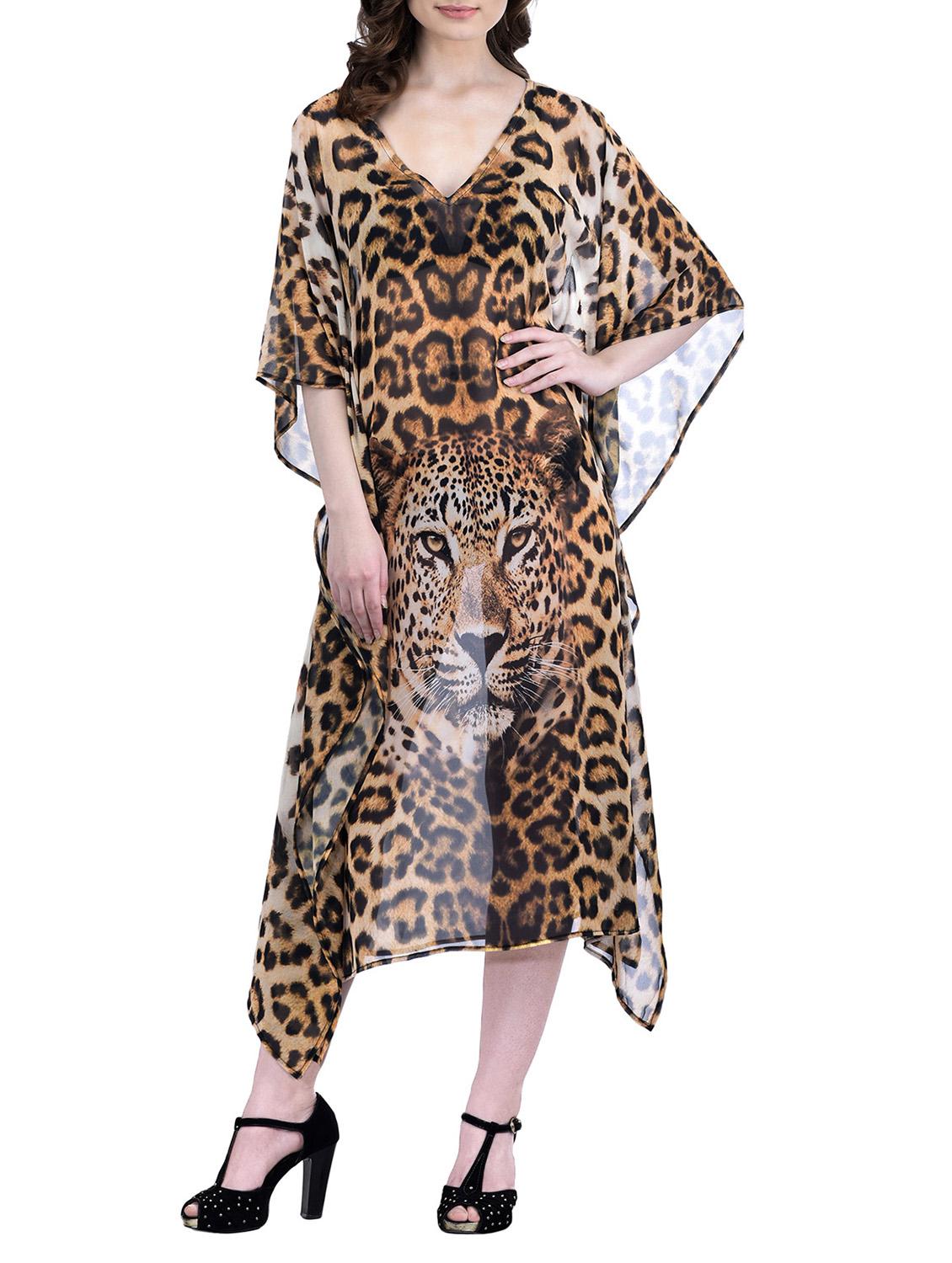 brown relax fit sheer animal print kaftan dress