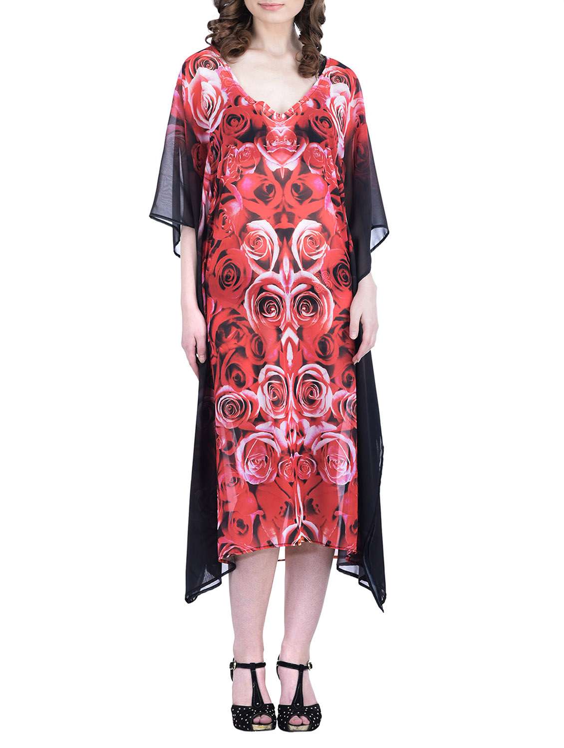 red relax fit sheer floral print kaftan dress
