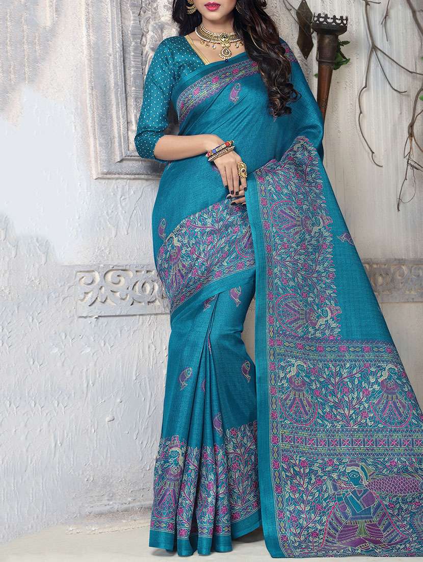 blue color printed art silk  saree with blouse