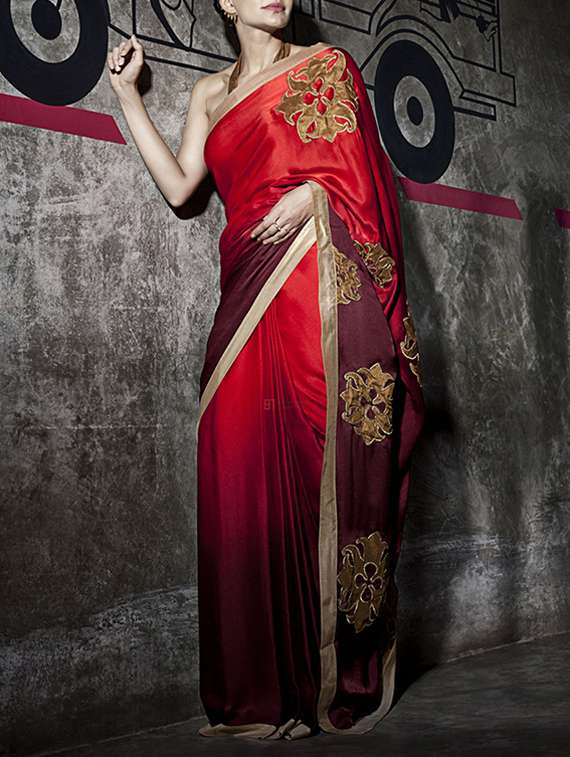 red satin printed saree with blouse