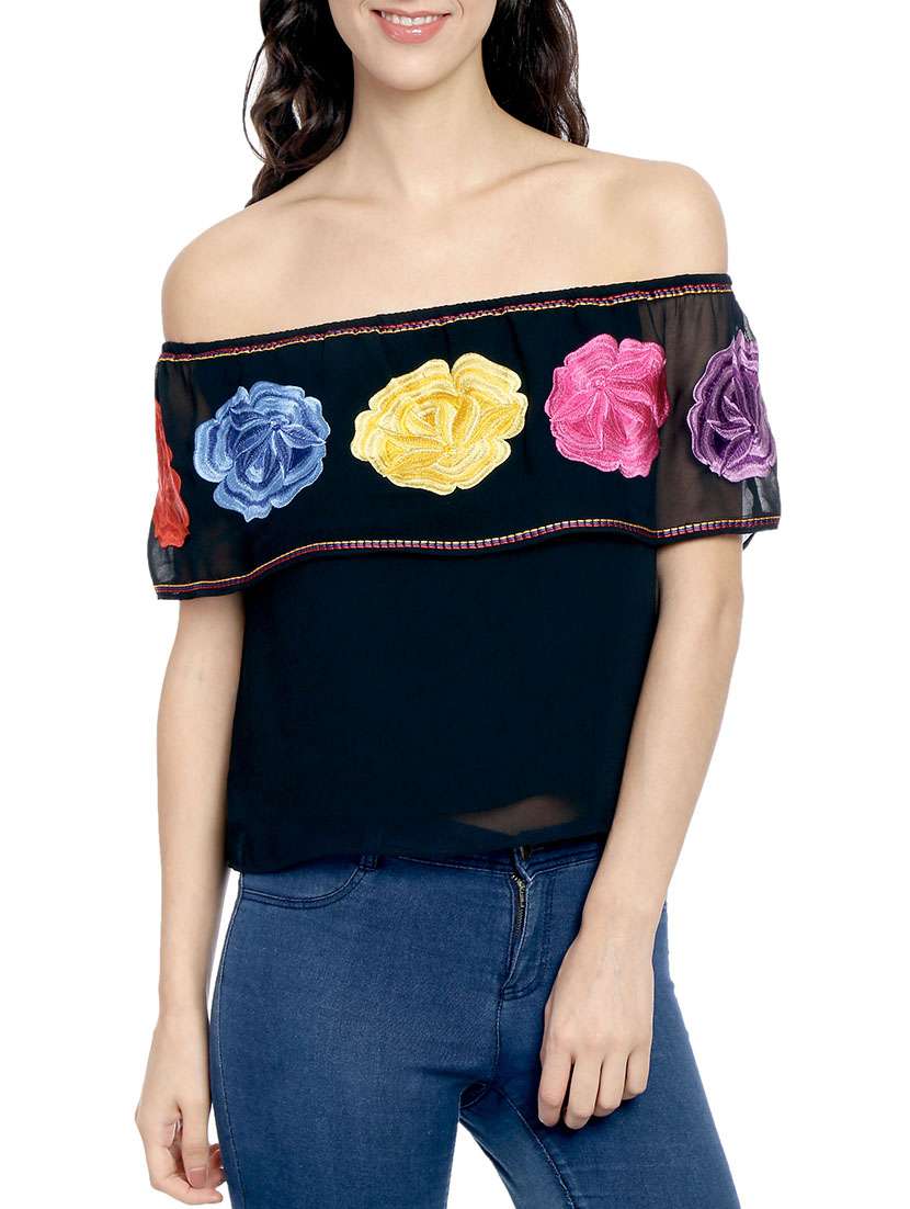 black embroidered ruffle top