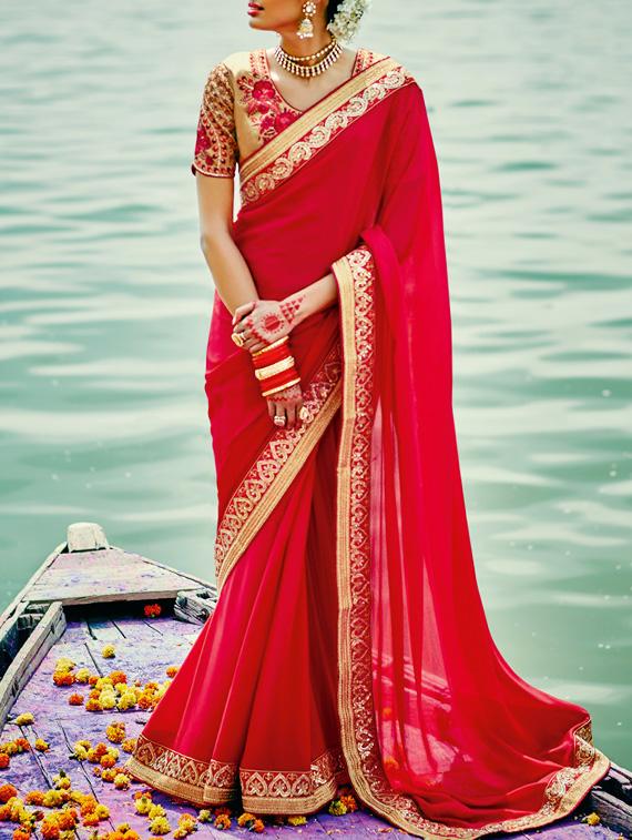 red color saree with blouse