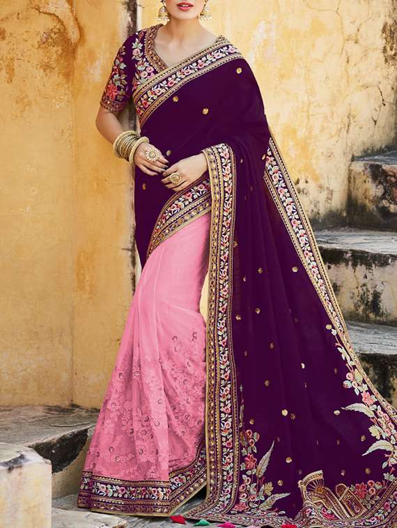 purple half and half saree with blouse