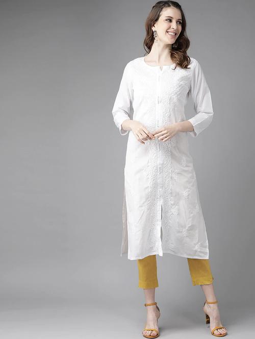 cotton long chikankari white kurta for women - 12785225 - Standard Image - 0