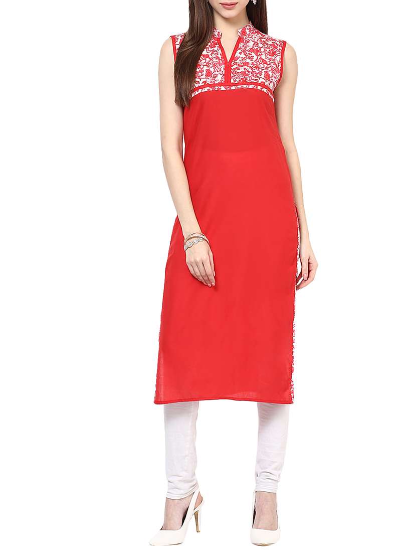 red cotton printed straight kurta