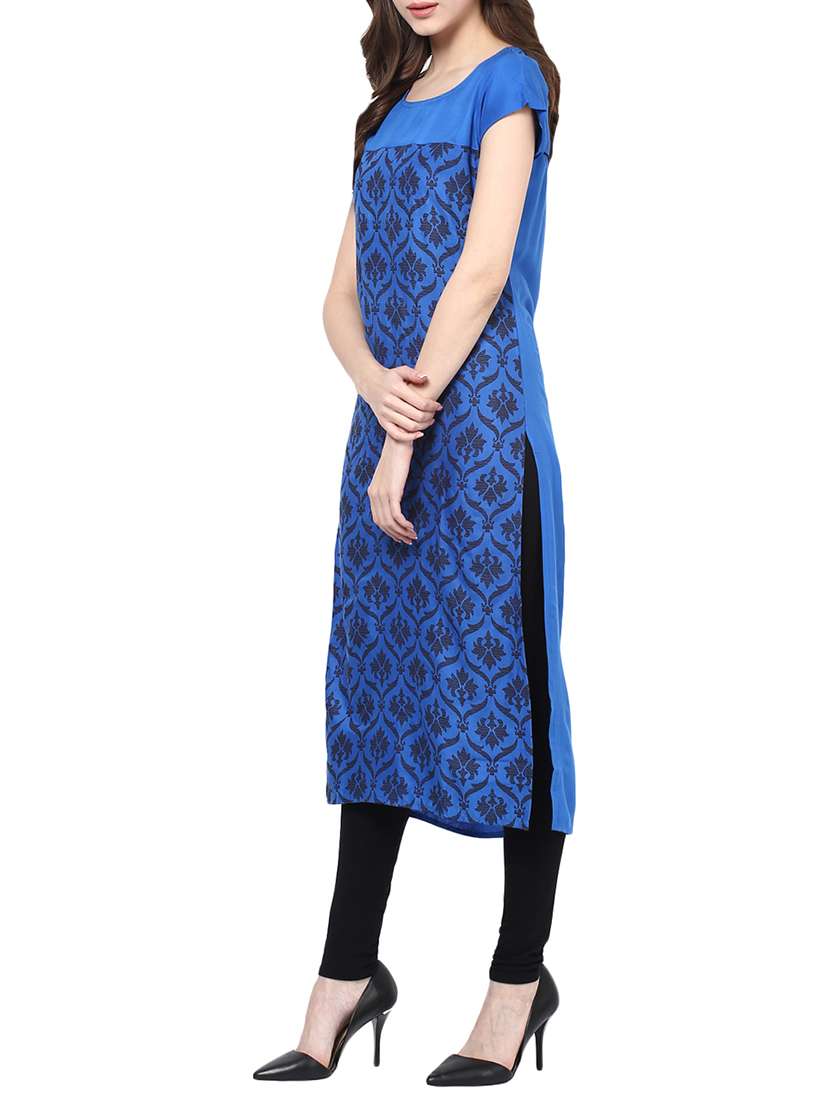 blue rayon block printed long kurta - 12785320 -  Standard Image - 1