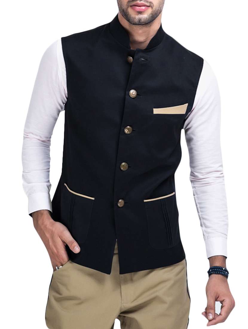 men black solid sleeveless nehru jacket