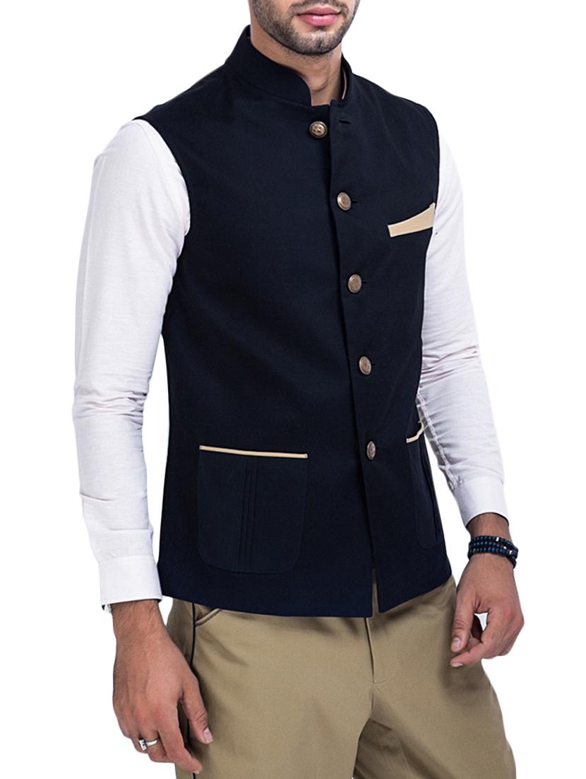 men black solid sleeveless nehru jacket - 12787143 - Standard Image - 1