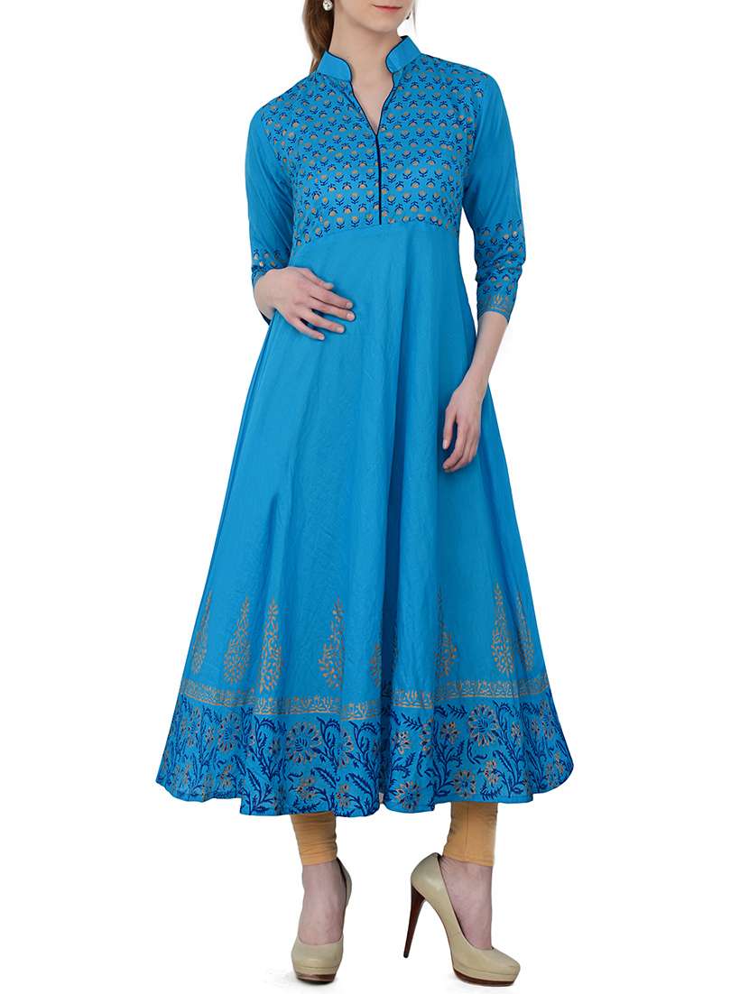 sky blue cotton printed flared kurta