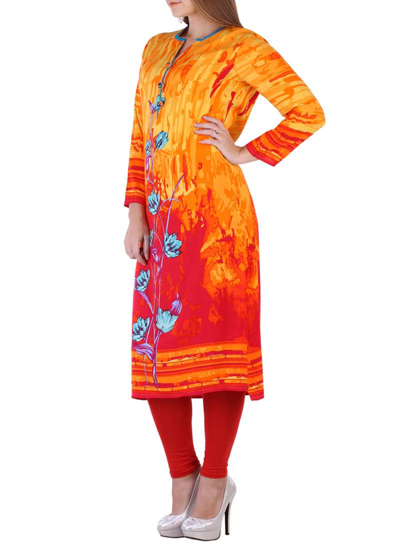 orange viscose straight kurti - 12800663 -  Standard Image - 1