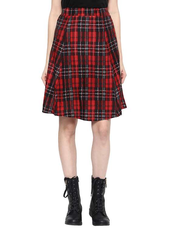 red checkered cotton flared skirt